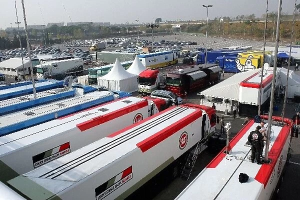Formula One Testing: Renault and BAR trucks in the paddock
