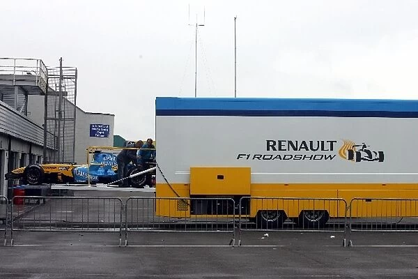 Formula One Testing: The Renault team unload their cars at Silverstone