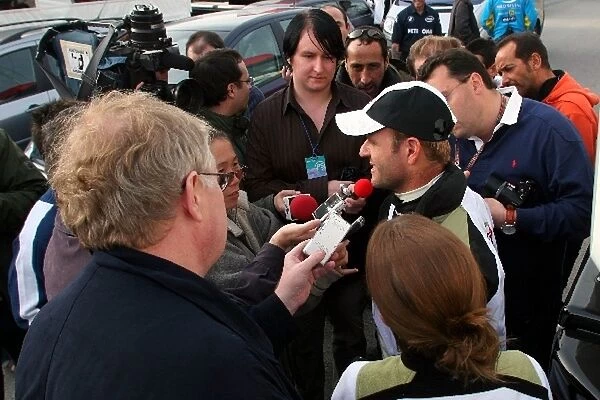 Formula One Testing: Rubens Barrichello Honda F1 Racing is interviewed by the media