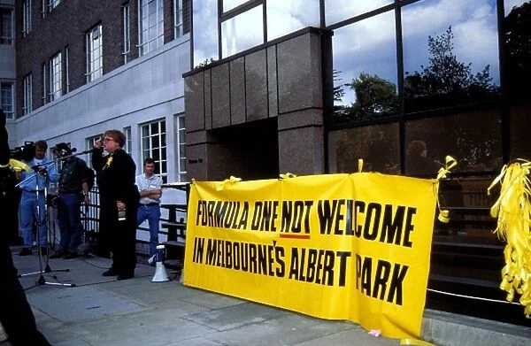Formula One World Championship: 200 Environmental protestors protest outside the offices of FOCA in Hyde Park, London about the proposed Australian