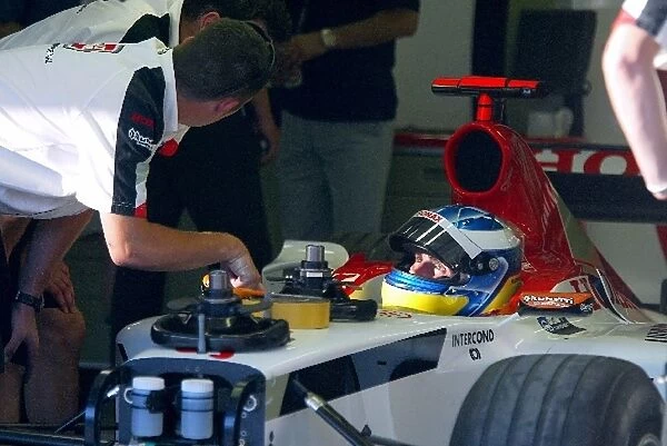 Formula One World Championship: 2003 F3000 Champion Bjorn Wirdheim Arden International has a seat fitting with the BAR team