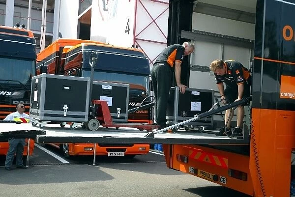 Formula One World Championship: The Arrows team unload equipment for the next race at Hockenheim