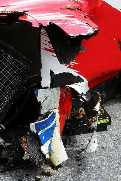 Formula One World Championship: The badly damaged Toyota TF105 of Ralf Schumacher Toyota after his qualifying crash