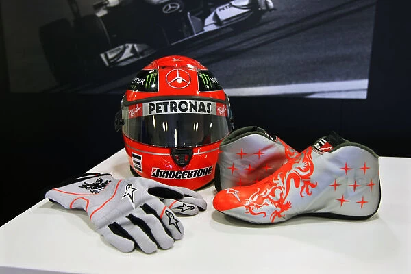 Formula One World Championship: The boots, helmet and racing gloves of Michael Schumacher Mercedes GP