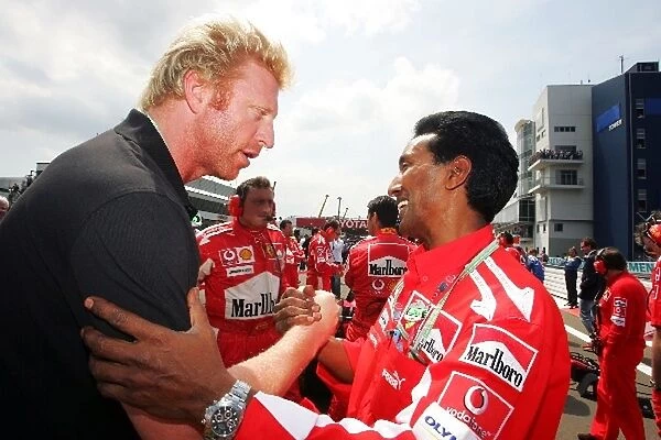 Formula One World Championship: Boris Becker meets the Ferrari team on the grid