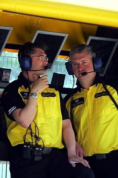Formula One World Championship: Brad Joyce and Adrian Burgess on the Jordan Pit Gantry