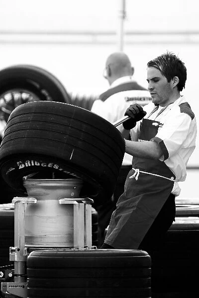 Formula One World Championship: Bridgestone tyre engineer at work