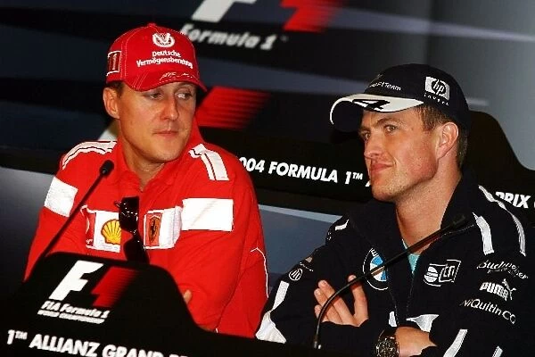 Formula One World Championship: Brothers Michael Schumacher Ferrari and Ralf Schumacher Williams in the FIA Press Conference