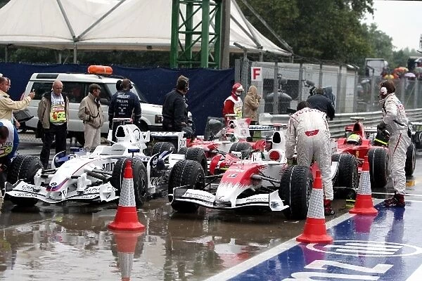 Formula One World Championship: Cars of Robert Kubica BMW Sauber F1. 08 and Jarno Trulli Toyota TF108 in parc ferme after qualifying