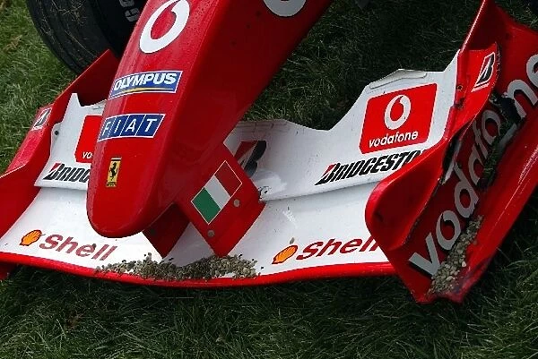 Formula One World Championship: Damage to the car of Rubens Barrichello Ferrari F2003-GA