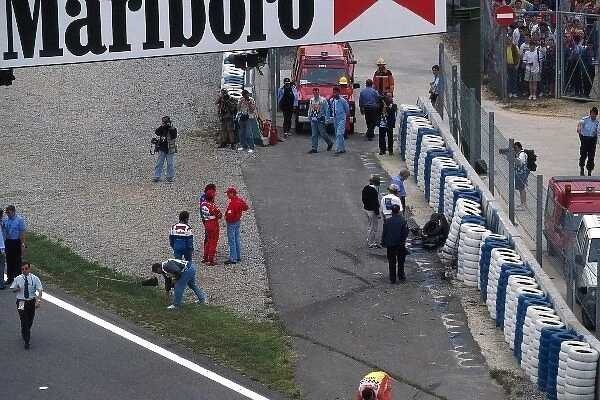 Formula One World Championship: The damaged barrier after Andrea Montermini Simtek Ford S941 crashes during free practice