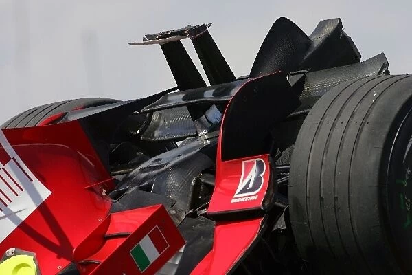 Formula One World Championship: The damaged car of Kimi Raikkonen Ferrari F2008