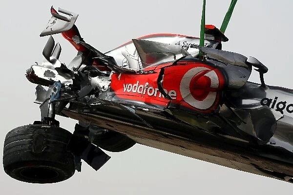 Formula One World Championship: The damaged McLaren Mercedes MP4  /  23 of Lewis Hamilton McLaren