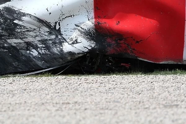 Formula One World Championship: The damaged tyre barrier after the crash of Heikki Kovalainen Mclaren MP4-23, with the ripped off front of the