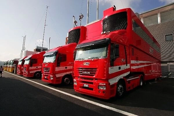 Formula One World Championship: Ferrari trucks in the paddock