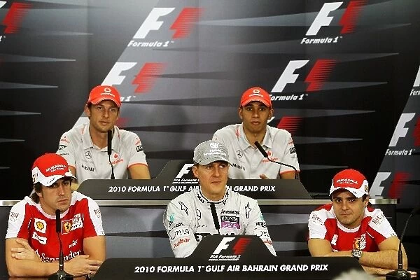 Formula One World Championship: The FIA Press Conference): Jenson Button McLaren; Lewis Hamilton McLaren; Fernando Alonso Ferrari; Michael Schumacher