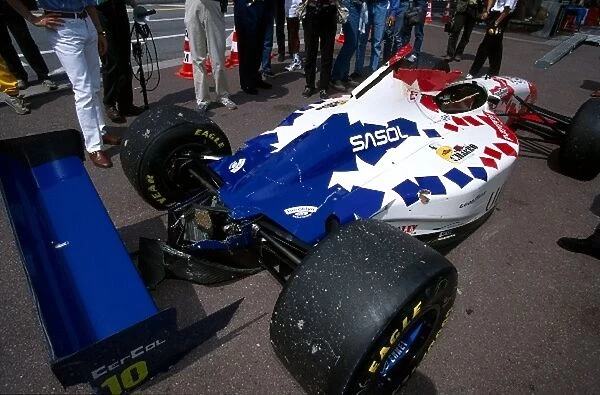 Formula One World Championship: The Footwork Hart FA16 of Taki Inoue after he had become an unwitting crash victim when the Renault Safety Car