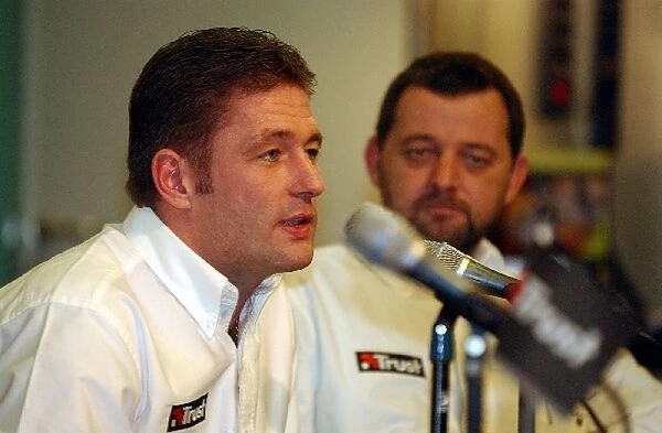 Formula One World Championship: Formula 1 World Championship 2003, Pre-Season - Jos Verstappen at a press conference with Minardi Team owner Paul Stoddart