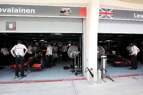 Formula One World Championship: Garage for Lewis Hamilton McLaren MP4 / 24 and Heikki Kovalainen McLaren