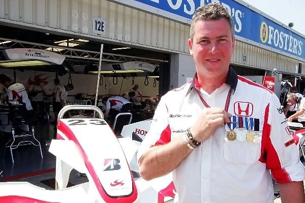 Formula One World Championship: Gavin Noble Super Aguri F1 Team Radio Technician, receiving an Afghan Campaign medal as a leaving gift from his