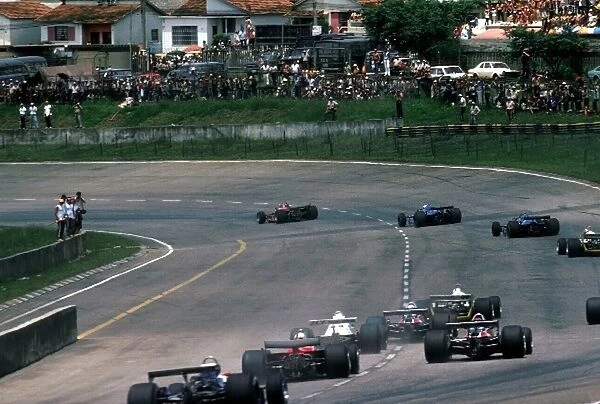 Formula One World Championship: Gilles Villeneuve leads the Ligiers of Pironi and Lafitte into the first corner