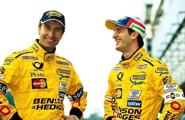 Formula One World Championship: Heinz-Harald Frentzen Jordan Mugen Honda EJ10, left and team mate Jarno Trulli Jordan Mugen Honda EJ10