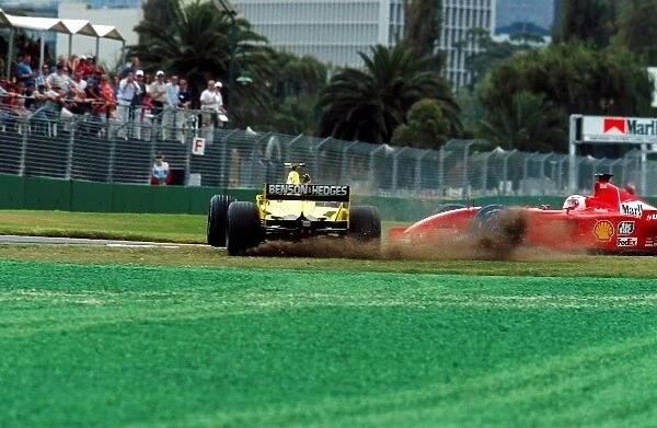 Formula One World Championship: Heinz-Harald Frentzen Jordan Honda EJ11 is spun round by Rubens Barrichello Ferrari F1 2001
