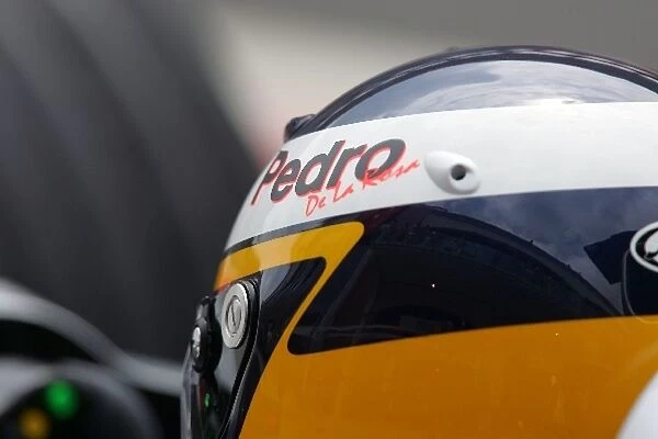 Formula One World Championship: Helmet detail of Pedro de la Rosa McLaren Test Driver