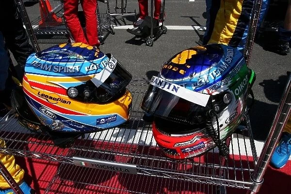 Formula One World Championship: The helmets of Fernando Alonso Renault and Giancarlo Fisichella Renault