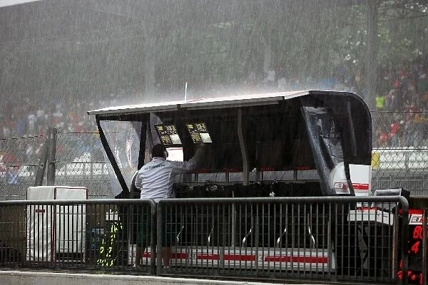 Formula One World Championship: Honda pit gantry during a storm in first practice