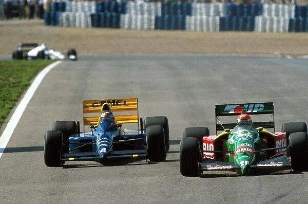 Formula One World Championship: Jean Alesi Tyrrell 018 attempts to overtake Emanuele Pirro Benetton B189