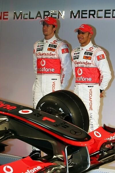 Formula One World Championship: Jenson Button McLaren with team mate Lewis Hamilton McLaren and the new McLaren MP4  /  25