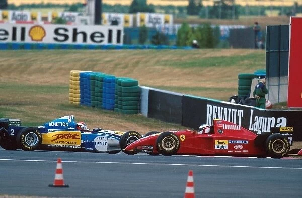 Formula One World Championship: Johnny Herbert Benetton B195 retired on lap 2 after colliding with Jean Alesi Ferrari 412T2