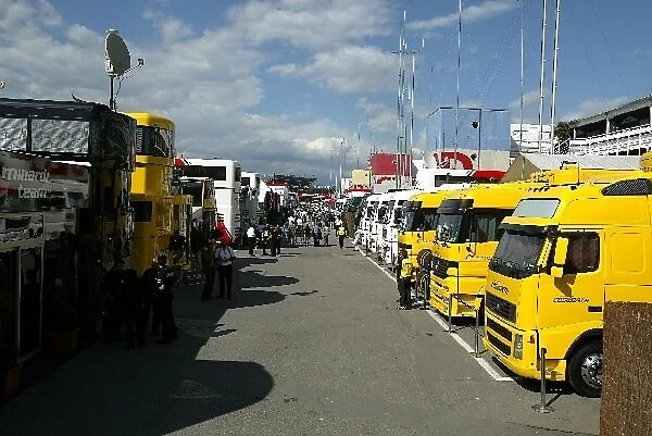 Formula One World Championship: The Jordan trucks in the Paddock