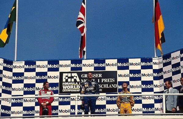 Formula One World Championship: L to R; Ayrton Senna, Nigel Mansell and Michael Schumacher on the podium