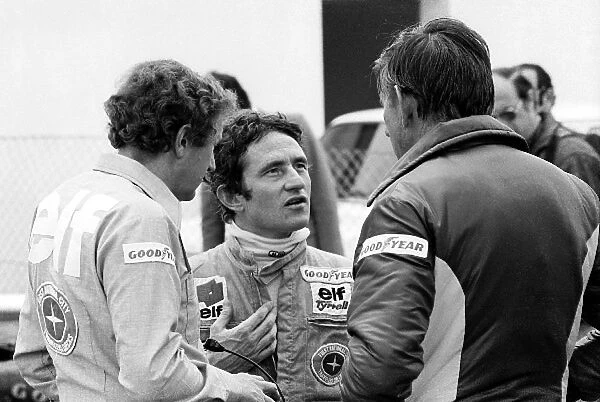 Formula One World Championship: L-R: Derek Gardner, Tyrrell chief designer; Patrick Depailler Tyrrell-Cosworth and Ken Tyrrell, Tyrrell team owner