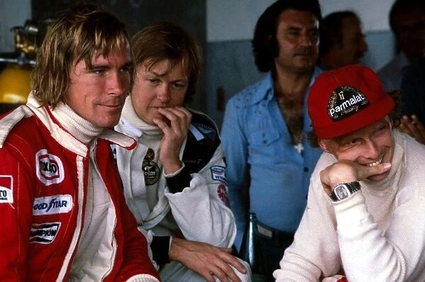Formula One World Championship: L to R: James Hunt, Ronnie Peterson and Niki Lauda