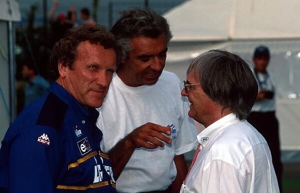Formula One World Championship: L to R: Tom Walkinshaw, Flavio Briatore Benetton F1 Boss and Bernie Ecclestone F1 Supremo