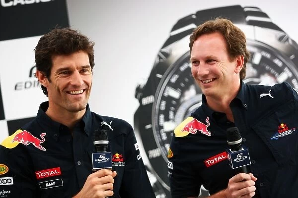Formula One World Championship: Mark Webber Red Bull Racing and Christian Horner Red Bull Racing Team Principal at a Casio  /  Edifice presentation