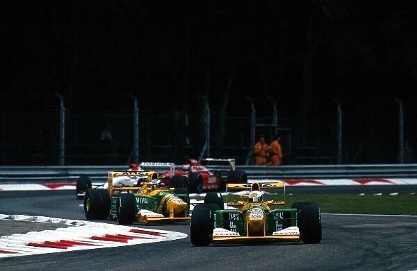 Formula One World Championship: Martin Brundle Benetton B192 leads team mate Michael Schumacher on his way to 2nd place