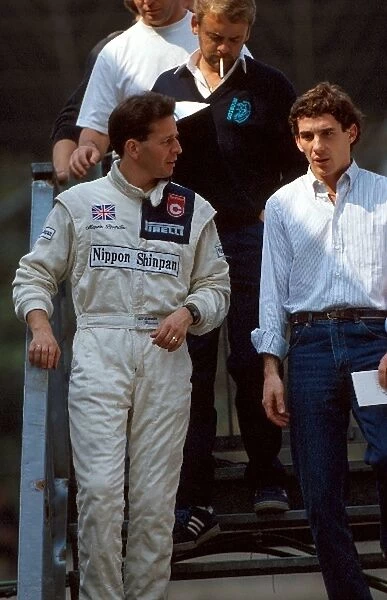 Formula One World Championship: Martin Brundle, left, talks with Ayrton Senna
