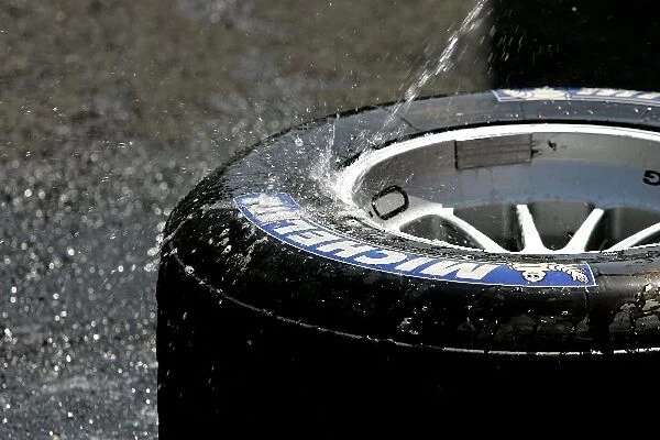 Formula One World Championship: A Michelin tyre is washed