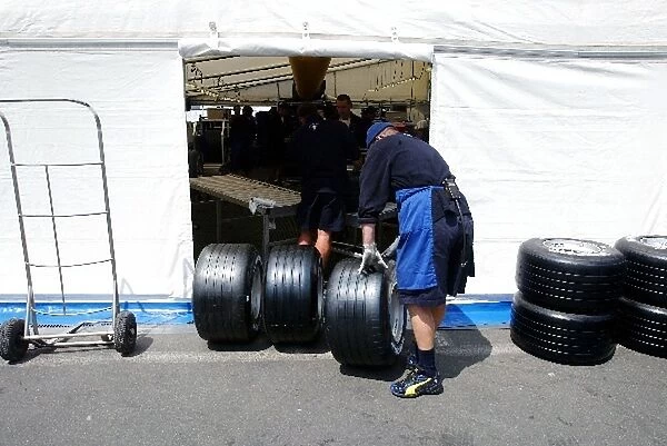 Formula One World Championship: Michelin tyres are prepared in the paddock