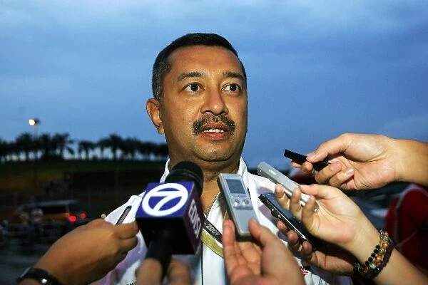 Formula One World Championship: Mokhzani Mahathir, Sepang International Circuit talks with the media after the twilight race is called off early
