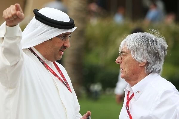 Formula One World Championship: Muhammed Al Khalifa Chairman of Bahrain circuit and McLaren shareholder talks with Bernie Ecclestone F1 Supremo
