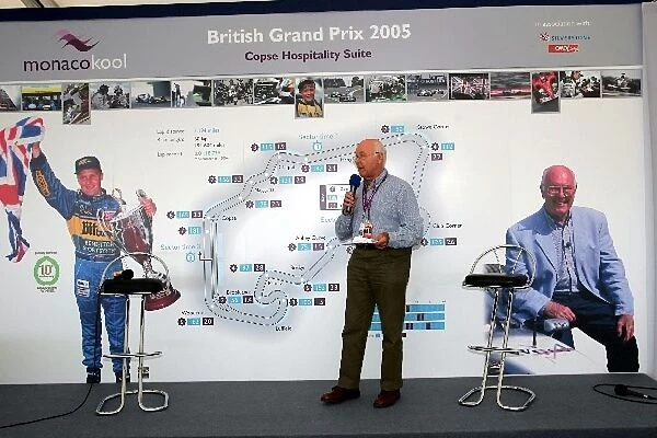 Formula One World Championship: Murray Walker speaks to guests in corporate hospitality