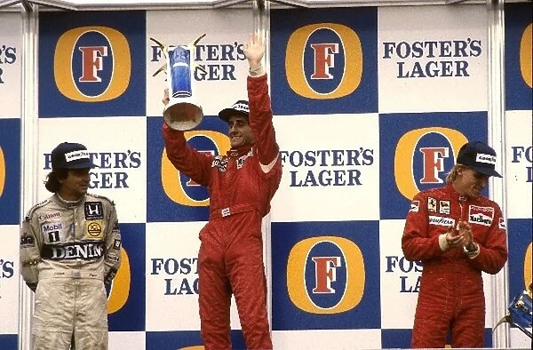 Formula One World Championship: Nelson Piquet Williams FW11, 2nd place, Winner Alain Prost McLaren MP4 / 2C, and 3rd placed Stefan Johansson Ferrari