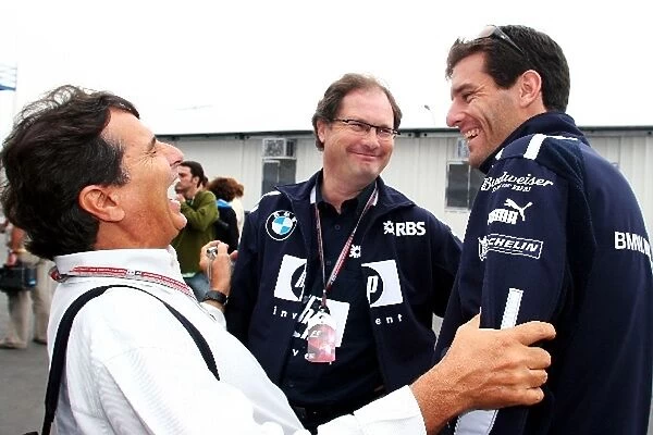 Formula One World Championship: Nelson Piquet with Frank Dernie Williams Special Projects Manager and Mark Webber Williams