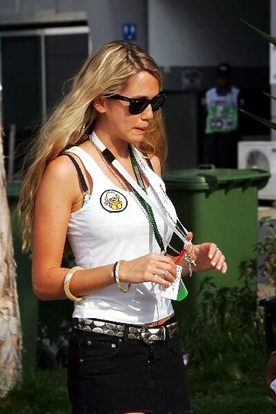 Formula One World Championship: The new girlfriend of Jenson Button Florence Anne-Marie Brudenell-Bruce, wearing a tribute to the Hesketh team