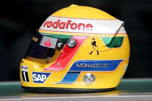 Formula One World Championship: New helmet of Lewis Hamilton McLaren with Monaco 07 written in Steinmetz Diamonds on the side